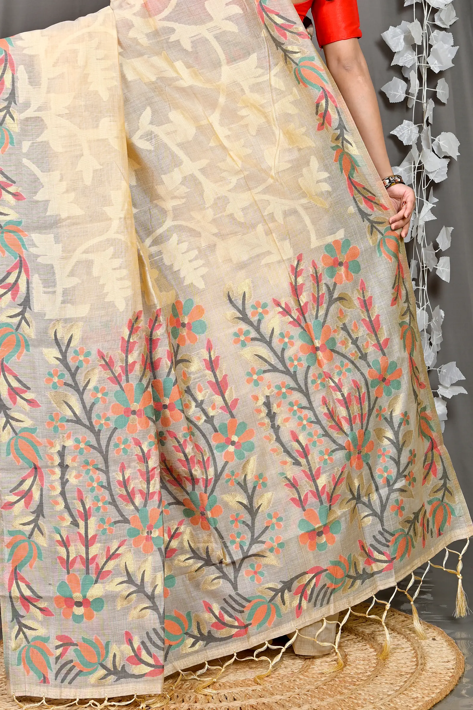 Cream Cotton Silk Parmix Hand Loom Saree (364)